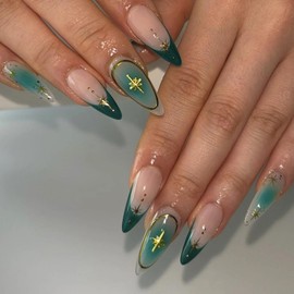 MISUD Press on Nails - Medium Almond Fake Nails with Green Ombre, Acrylic Gold Chrome Star Design 24 pcs
