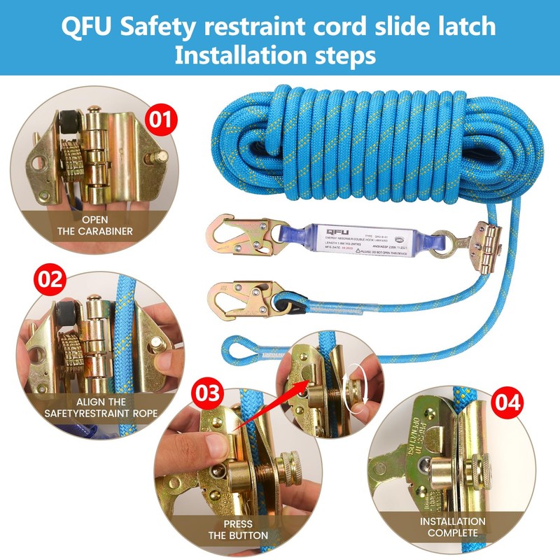 50FT Fall Protection Safety Rope - Heavy Duty Vertical Roof