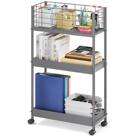 KINGRACK Slim Storage Rolling Cart, 3-Tier Metal Utility Cart with Wheels, Rolling Storage Cart, Skinny Storage Rolling Cart, Storage Trolley Cart for Office Kitchen Bathroom Narrow Place, Grey