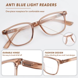 OPTOFENDY Bifocal Reading Glasses for Women, Blue Light Blocking Readers with Spring Hinges, Clear Top Retro Square Frame Champagne 1.5x