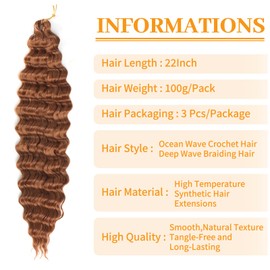 Ainimiu Ocean Wave Crochet Hair 22 Inch 3 Packs Deep Wave Curly Braiding Hair Extensions Synthetic Curly Crochet Hair For Black Women