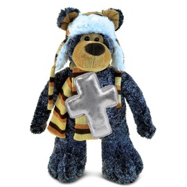 DolliBu Standing Black Bear with Clothes Stuffed Animal with Silver Cross Plush - Religious Baptism Gifts for Boys and Girls, Dedication Christening Gifts Plush Prayer Toy Teddy Bear - 11 Inches