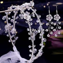 ULAPAN Diademas de boda, flores, tocados de novia, pedrería, enredadera para el cabello, accesorios para el cabello de cristal plateado para mujer (diademas y aretes)