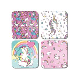DV DESIGN 4 x Square Unicorn Coasters - Cartoon Pattern Pink Stars Girls Kids Gift #77897