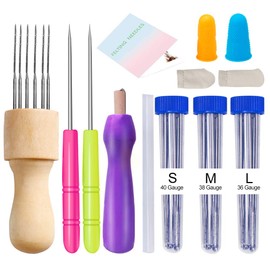 Felting Needles Set for Beginners, 3 Sizes Felting Needles, Felting Wool Needles with Wooden Handle, Awls, Fingertip, Instructions and Other Tools for Wool Felting DIY