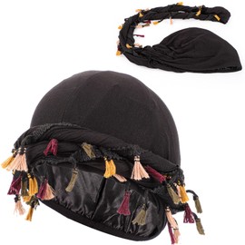 Tassel Turban for Men,Vintage Twist Head Wraps for Men Satin Lined Head Wraps for Adults Hiking Sports Outdoor Activities (UK, Alpha, One Size, Black with Colorful Tassel)