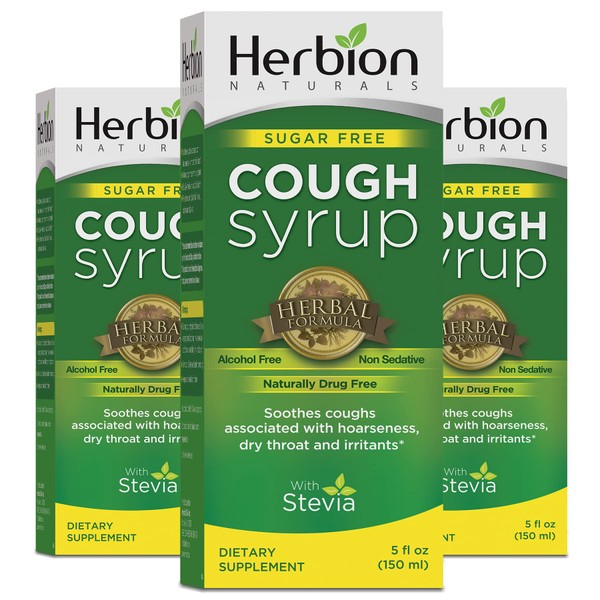 Herbion Naturals Sugar-Free Cough Syrup with Stevia, 5 FL Oz - Helps Relieve Cough and Soothes Sore Throat, Naturally Optimizes Immune System, 3 Packs