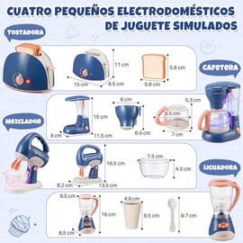 AUTOWT Juego de Electrodomésticos de Cocina para Niños, Accesorios Cocina con Cafetera Licuadora Batidora y Tostadora, Juego Simulación con Luz y Soni