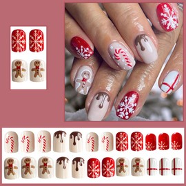 24Pcs Snowflake Press on Nails Short Square Snowflake Gingerbread Man Fake Nails Christmas Cute Stick on Nails Xmas Press ons Acrylic Nails Holiday Nail Art Decoration for Women Girls Glue on Nails
