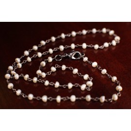 Freshwater Pearl Silver Oxidized Faceted Natural Precious Gemstone Chain High Quality Layer Finished Necklace with Clasp in 16". Available in 14",15",16", 17",18",20",22", 24" and more. (17")
