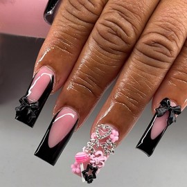 FIEONCIY Press on Nails Long Coffin Shaped Acrylic Glossy Full Cover Long Square French False Nails with Designs Artificial Extra Long Fake Nails with Charms Glue ons Fingernails for Women(XL10297)