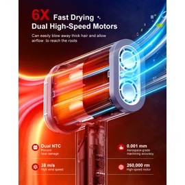 Tqcir Hair Dryer, Dual 130,000 RPM High-Speed Brushless Motors Blow Dryer for 6X Fast Drying, 500 Million Negative Ionic Hair Dryers for Long Thick Hair, Low-Noise 4 Temps /4 Speeds