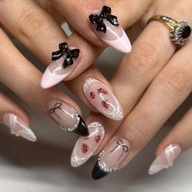 Press on Nails Almond Medium Length-Glossy Full Cover Acrylic French False Nails with Bow Strawberry Designs Artificial Pointed Almond Fake Nails with Charms Glue on Fingernails for Women Girls