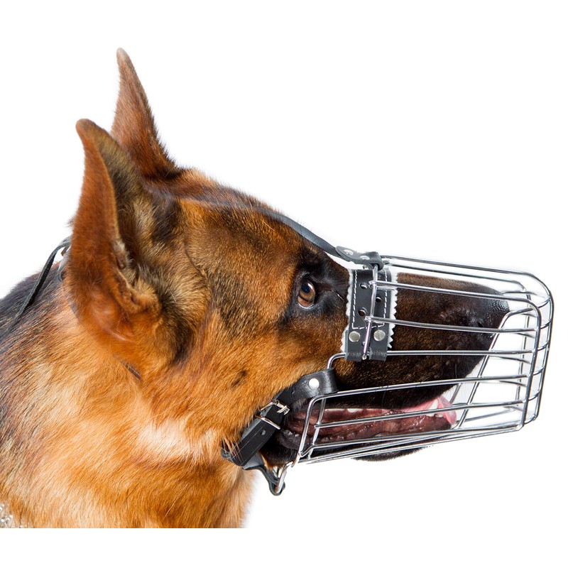 Dog Chrome Metal Muzzles Wire Basket Adjustable Leather Straps German