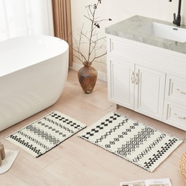 Douceur - Tapete de baño bohemio para piso de baño, antideslizante, mezcla acrílica, lindas alfombras de baño con borlas, color blanco y crema, diseño étnico tribal y blanco