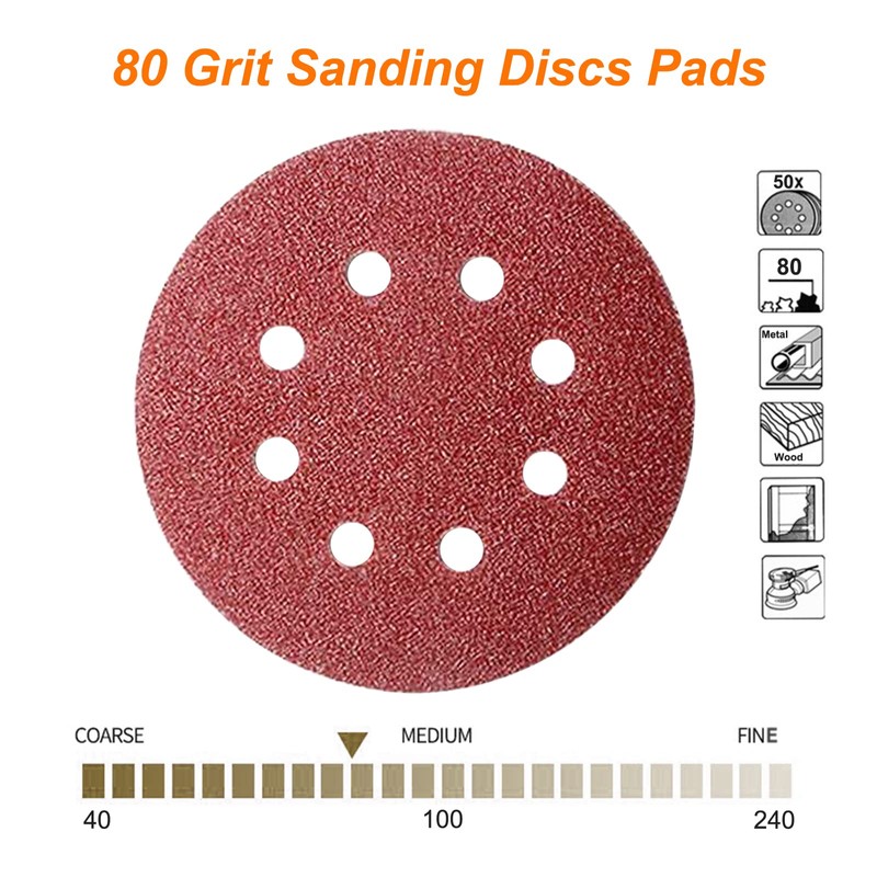 50Pcs 125mm 8 Holes Sanding Discs Pads Sanding Sheets, 5