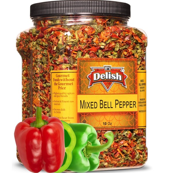 Dehydrated Dried Red and Green Bell Peppers Mix by It's Delish – Jumbo Reusable Container 16 Oz (1 lb) – Sealed to Maintain Freshness – Chopped & Dried Vegetable Spice Seasoning