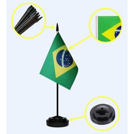 Brazil Brazilian Deluxe Desk Flag Set, Small Mini Miniature Brazil Brazilian Table Desktop Flags With Solid Pole, Black Base and Spear Top(2 Pack)
