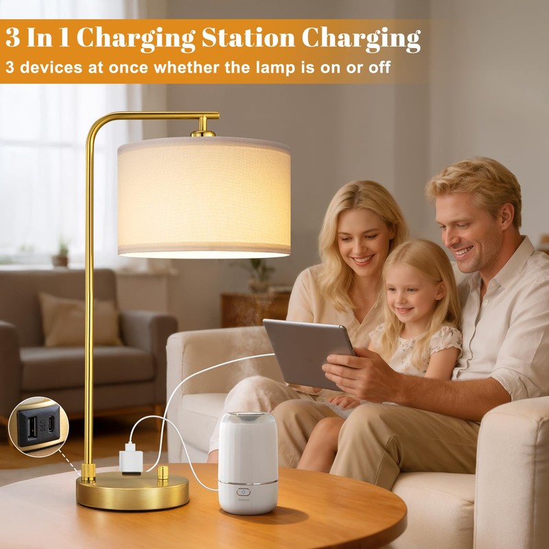 Gold Bedside Lamps Set of 2, Fully Dimmable Lamps for