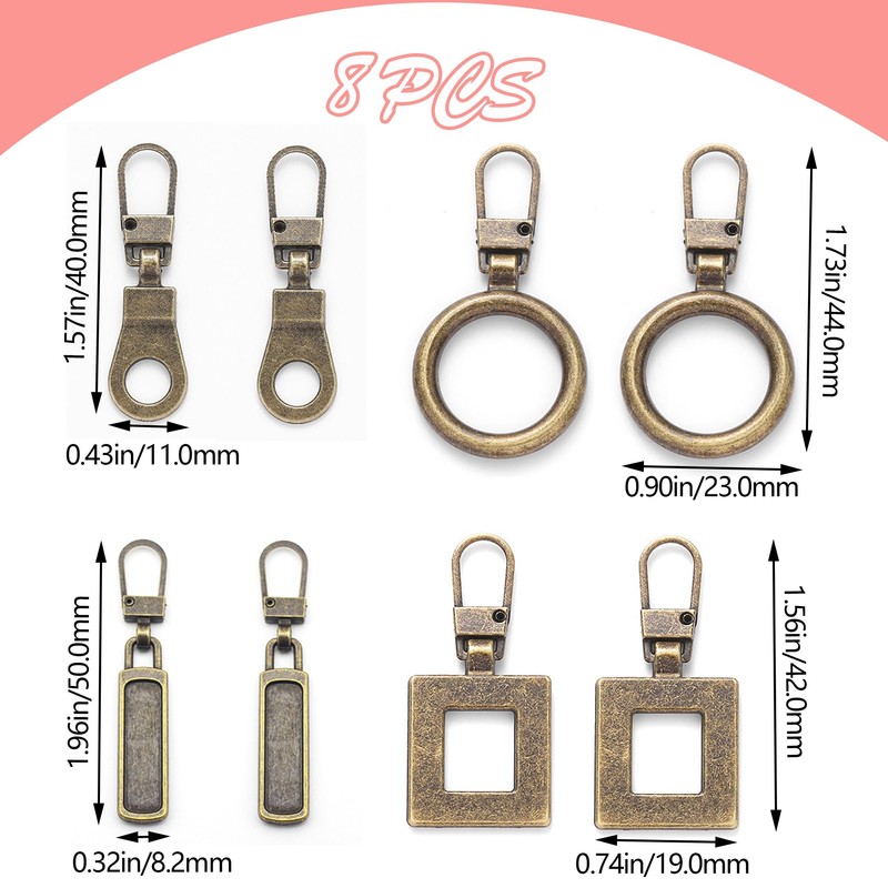 DHER Zipper Metal Zip Tabs Pull Removable Zip 8 Pieces