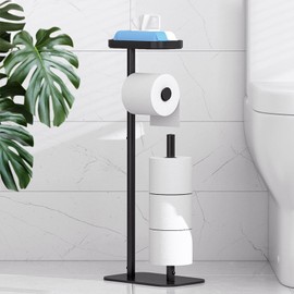 Kitsure Toilet Paper Holder Free Standing - Multifunctional & Rustless Toilet Paper Holder Stand for 4 Rolls, Anti-Slip Black Toilet Paper Holder with Shelf for Phones, Small Items, Black