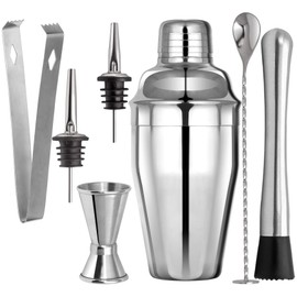 Ibex Shaker Cocktail Set Stainless Steel SUS304-7 Pieces Barman with Pouring, Measuring Cup, Spoon, Muddler, Mixer, Ice Tongs and Recipe Tongs