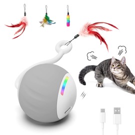 Cat Toys, Turbo Tail Popper Cat Toy 2-Speed Interactive Turbo Tail Mouse Cat Ball Toy Touch Control and Sound Control Smart Start Cat Toy With LED Lights Feathers and USB Type-C Charging Cable