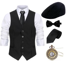 Gionforsy 1920s Mens Costume Gatsby Gangster Costume Accessories Set 20s Hat Suspenders Bow Tie (Black Stripe, Large)
