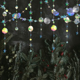 UHMC Star Garland, 52Ft Iridescent Circle Dot Streamer Garland Decoration, Twinkle Circle Dot Star Garland Decoration, Hanging Shiny Paper Garland For Kid Room Birthday Party (Colorful)