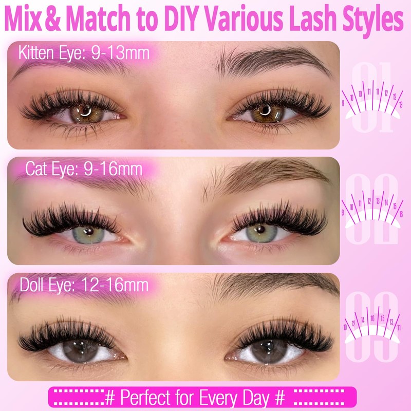 Yawamica Lash Clusters Kit 320pcs Eyelash Clusters D Curly 9-16mm