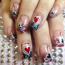 24Pcs Valentines Day Press on Nails Black Pink French Tip Fake Nails Coffin Square Shaped Glitter Sequins Full Cover Tip Glue on Nails Red Heart False Nails Reusable Stick on Nails for Acrylic Nails
