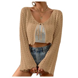 SHENHE Women's Tie Front Cardigan Trumpet Sleeve Pointelle Knit Crop Tops Khaki Small