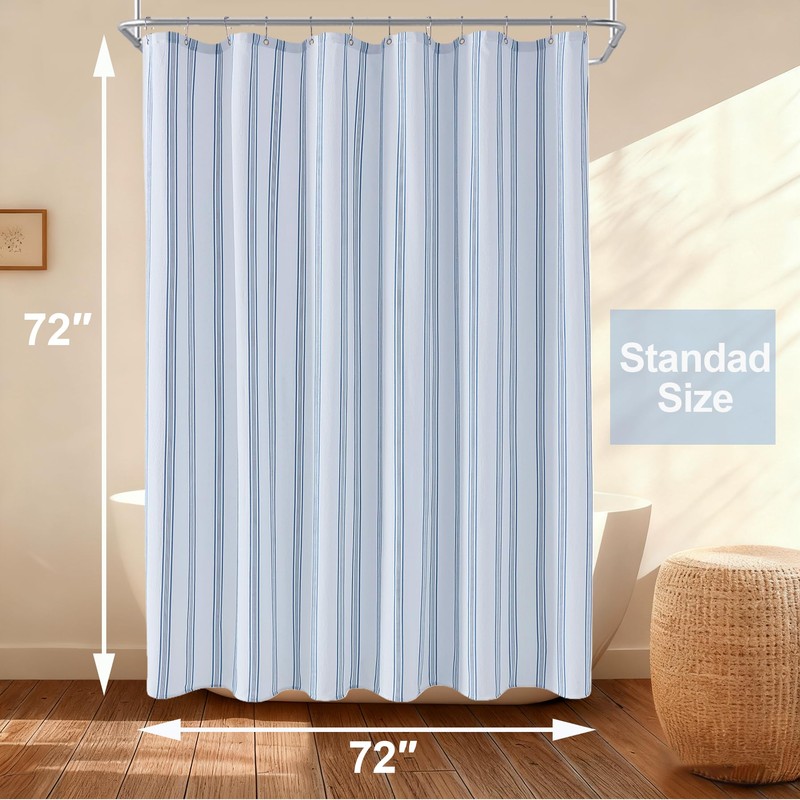 ORTIGIA Textured Fabric Shower Curtain-Blue Striped, 72x72 Inch Yarn Dyed