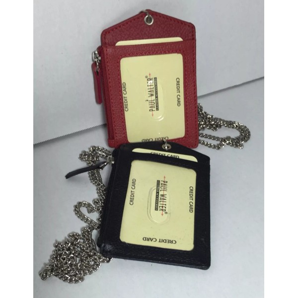PAUL.W. NEW SET OF 2 LEATHER ID BADGE HOLDER RED/BLACK
