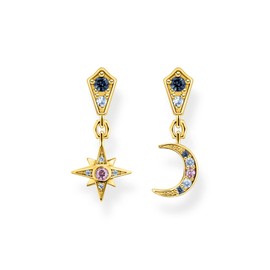 THOMAS SABO Sabo H2207-959-7 Royalty Star and Moon Earrings with Stones 925 Sterling Silver 750 Yellow Gold Plated Dimensions: Approx. 2 cm x 0.9 cm, Silver, Cubic Zirconia