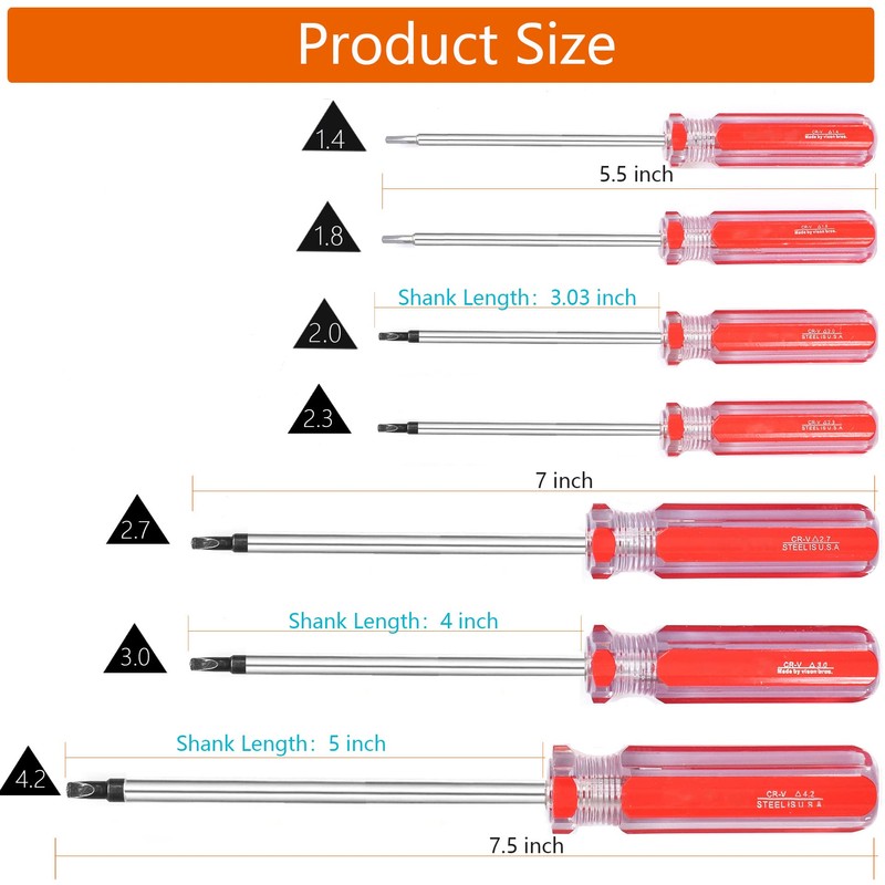 Triangle Screwdrivers Set 7 Sizes 1.4mm 1.8mm 2.0mm 2.3mm 2.7mm