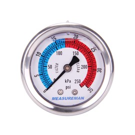 MEASUREMAN 2" Dial Size, Liquid Filled Pool Filter Pressure Gauge, 304 Stainless Steel Case, 0-35psi/250kpa,1/4" NPT Center Back Mount