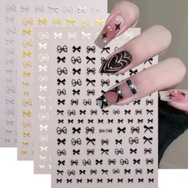 Bows Nail Art Stickers 4Sheets Bow Nail Decals for Nail Art Self-Adhesive Black White Gold Silver Bow Tie Nail Design Cute Bow Sticker Ultra-Thin Gel Slider Charm Decor DIY Manicure Accessories