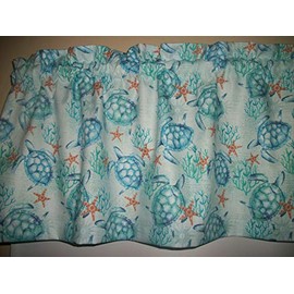 Blue Turtles Starfish beach ocean coral nautical bathroom sunroom fabric window curtain topper Valance