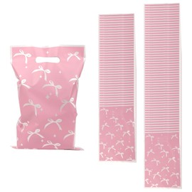 BOXOB 100pcs Pink Bow Goodie Bags, 9.84x6.5in Bow Gift Candy Bags with Handles for Birthday Baby Showers Bridal Showers & Themed Party Favors