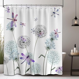 Tonmue Dandelion Shower Curtain Purple Dragonfly Grey White Shower Curtains for Bathroom Decor, Waterproof Cloth Fabric with Hooks 70" W x 72" L