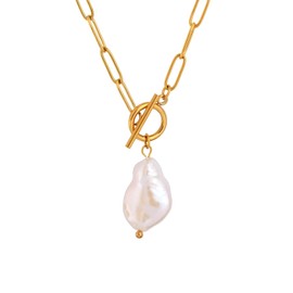 TaYolnFaSo Gold Paperclip Toggle Necklace Pendant for Women Natural Gemstone Pearl Cubic Zirconia Paper Clip Chain Necklace Toggle Paper Clip Jewellery Gift for Women, Stainless Steel, No Gemstone