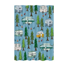 JAWO Camper RV Shower Curtain for Travel Trailer Bathroom, Farmhouse Camping Shower Curtain, Camping Tent with Trees Fabric Shower Curtains Set, Happy Camp Outdoor 47x64