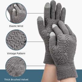 TAGVO Pack of 2 Winter Gloves for Women, Touchscreen Gloves, Thin Fleece Liner, Full Finger Gloves, Elastic Knitted Gloves, Touchscreen Texting Gloves, Black & Grey, Black & Grey