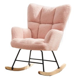 DUMOS Comfy Teddy Fabric Rocking Chair,Glider Ergonomic Modern Accent Reading Recliner - Light Pink