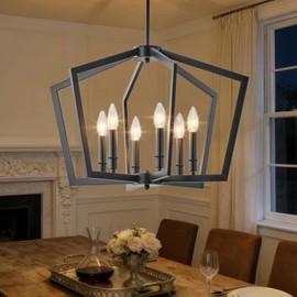 Matte Black Chandeliers for Dining Room, 23" Modern Farmhouse Chandelier Foyer Lighting Fixtures over Table, 6-Light Industrial Metal Geometric Hanging Pendant Lights for Kitchen Island Entryway