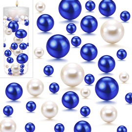 UDU 150 Pieces Floating Beads No Hole Pearl Vase Filler Faux Pearls Vase Makeup Beads Mixed Sizes Round Pearls for Vase Home Party Wedding Decor, 8/14/20 mm (White, Blue)
