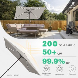 JEAREY 6.5x10 ft Rectangular LED Lighted Patio Umbrellas Outdoor Solar Table Market Umbrella w/Push Button Tilt/Crank, 6 Sturdy Ribs, UV Protection Waterproof Sunproof(Pale Gray)