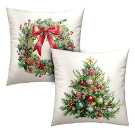 Kwlegh Set of 2 Christmas Tree Pillow Covers Xmas Wreath Throw Pillow Covers Red and Green Decorative Pillow Case 18x18 Winter Holiday Cushion Case for Home Decor Couch Sofa