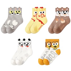 Heyjoin 5 pairs Kids Cartoon Socks Cotton Crew Socks Cute Animal Pattern Athletic Socks for 1-12 Years (Round Eyed Animals S)